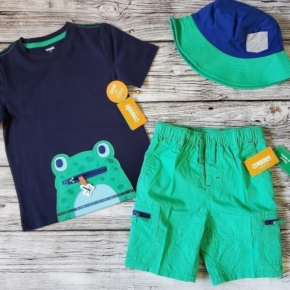 Gymboree Critter Camp Embroidered Frog T-Shirt, Shorts, and Hat Set NWT